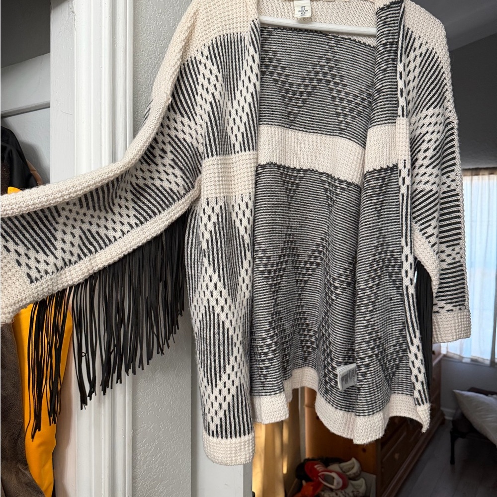 H&M Black and Cream Fringed Cardigan